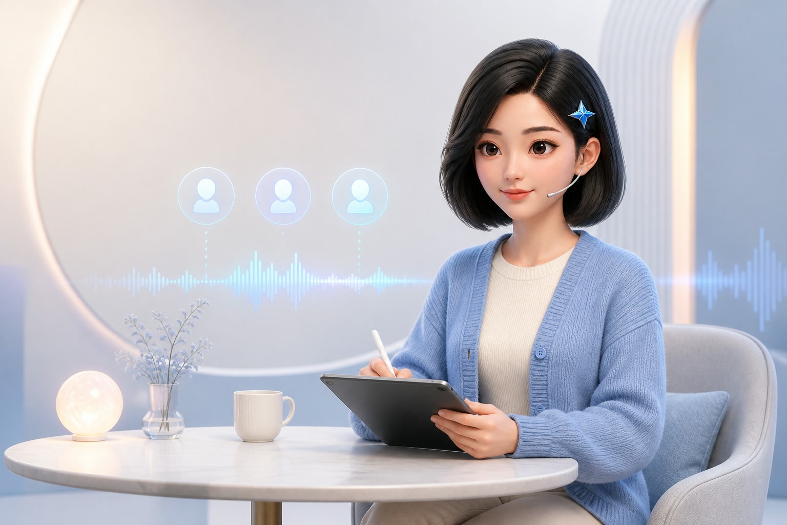 小星正在记录语音会议